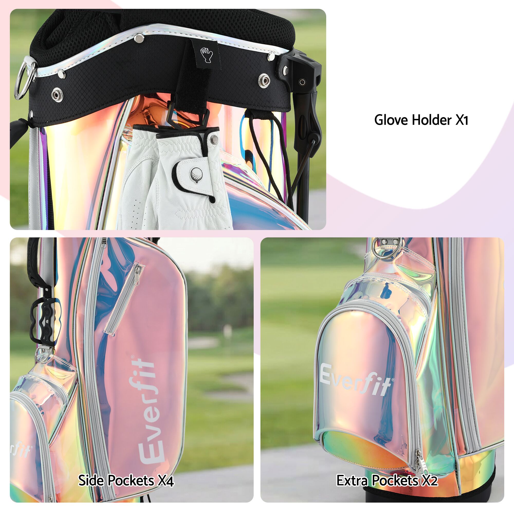 Everfit Golf Stand Bag Lightweight Carry Bag Dual Strap Club Divider Holographic - Image 8