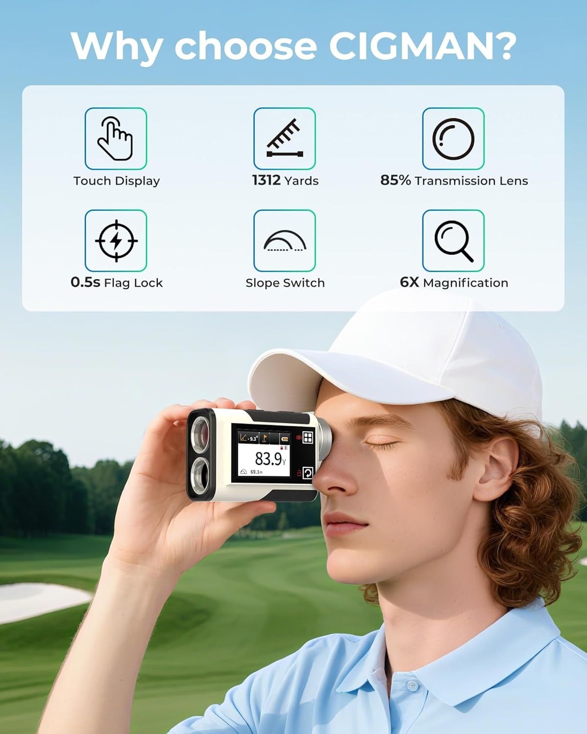 Golf Rangefinder with Slope, CIGMAN 1312 Yards Range Finder Golf, 2.4-inch External Color Touchscreen, Flag Lock Vibration, 6X Magnification, Rechargeable Range Finder, Ideal Golf Accessories - Image 2